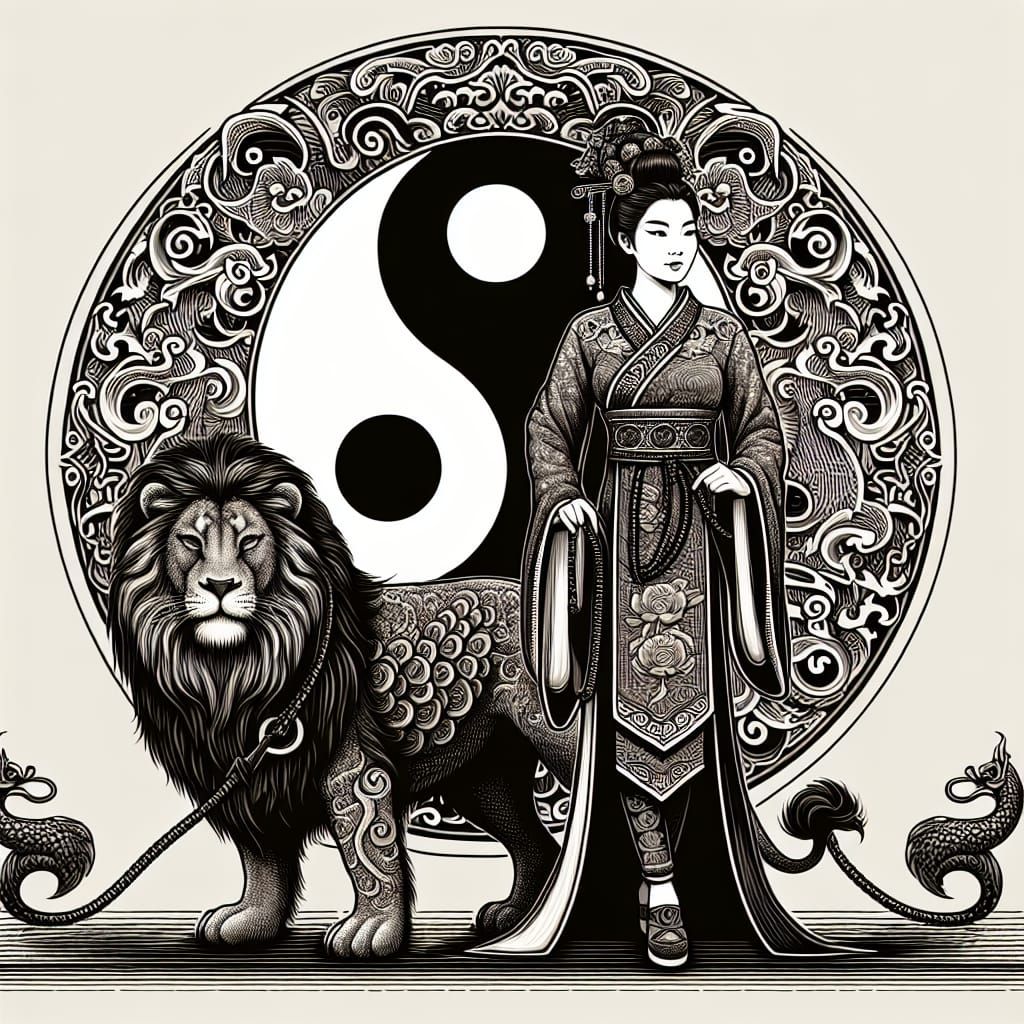 Elegant Dragon Lady with Lion and Yin-Yang Symbol