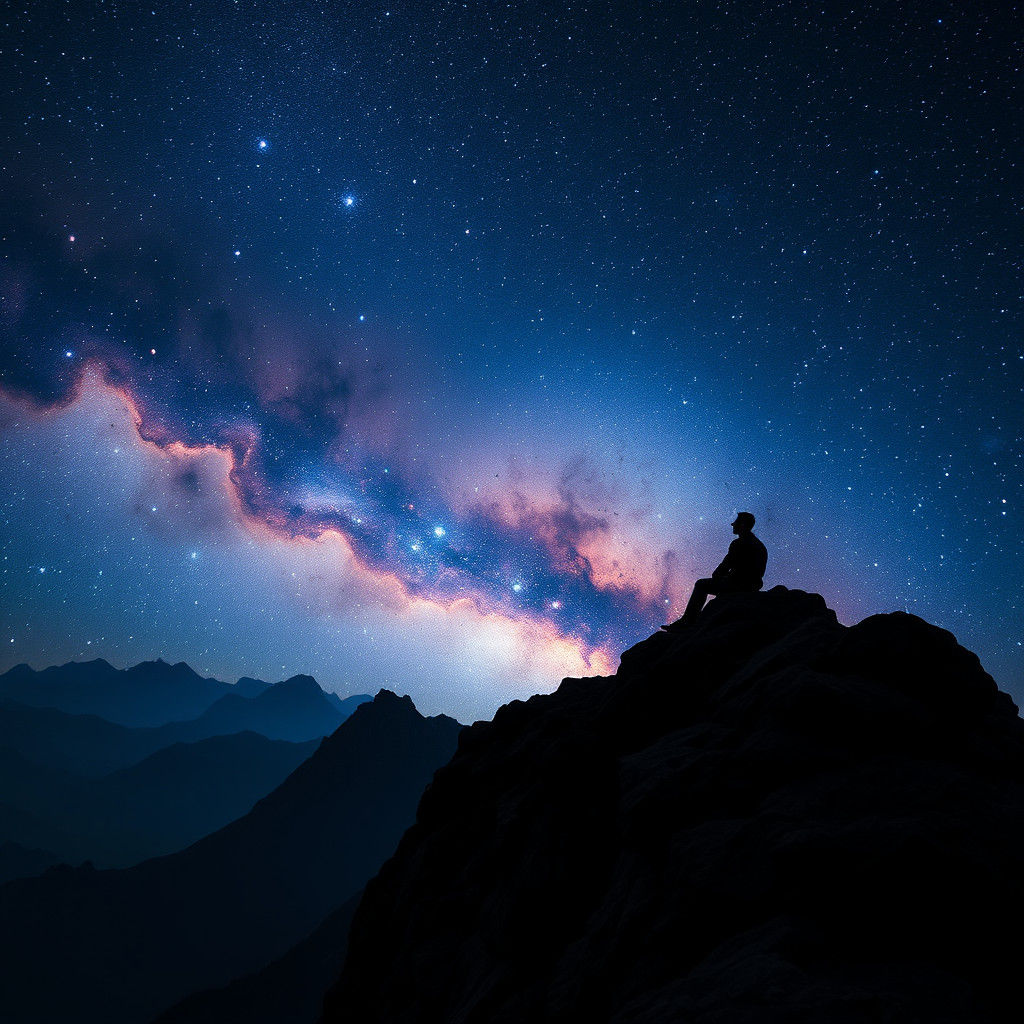 Man Gazing at Galaxy, Futuristic Landscape Art