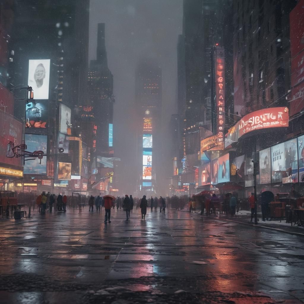 Times Square on Snowy Night: Cinematic Film Still