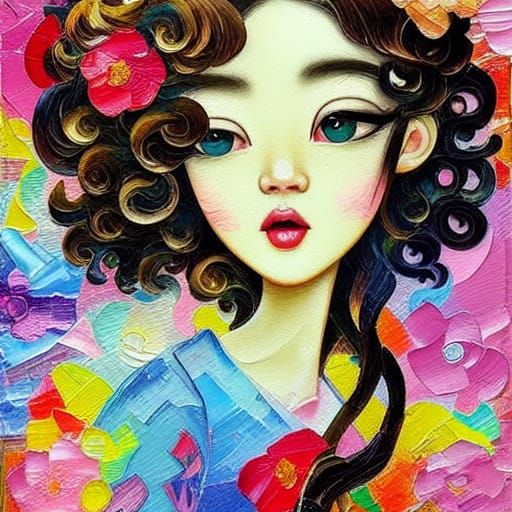Korean Girl Portrait with Flowing Curls in Neo-Impressionism