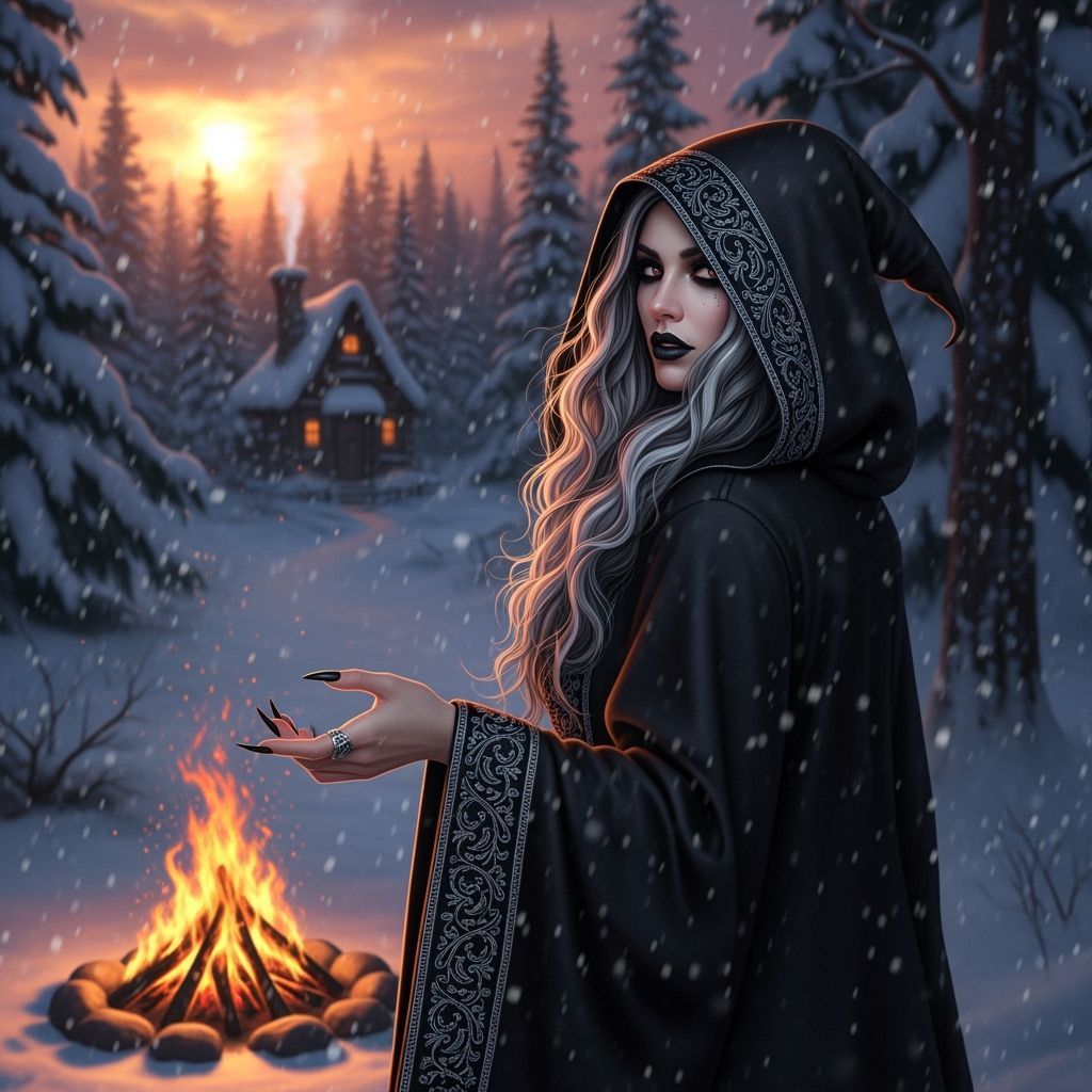 Mystical Witch in Snowy Forest at Sunset