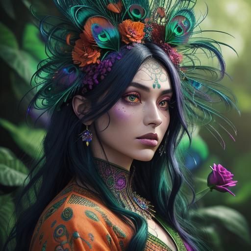 Majestic Woman with Peacock Feathers, Hyperrealistic Art