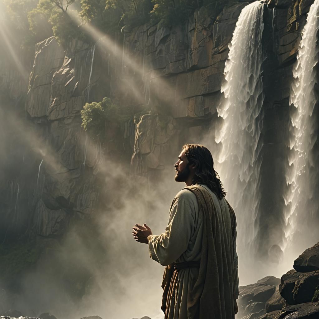 Cinematic Waterfall Flows from Jesus' Mouth
