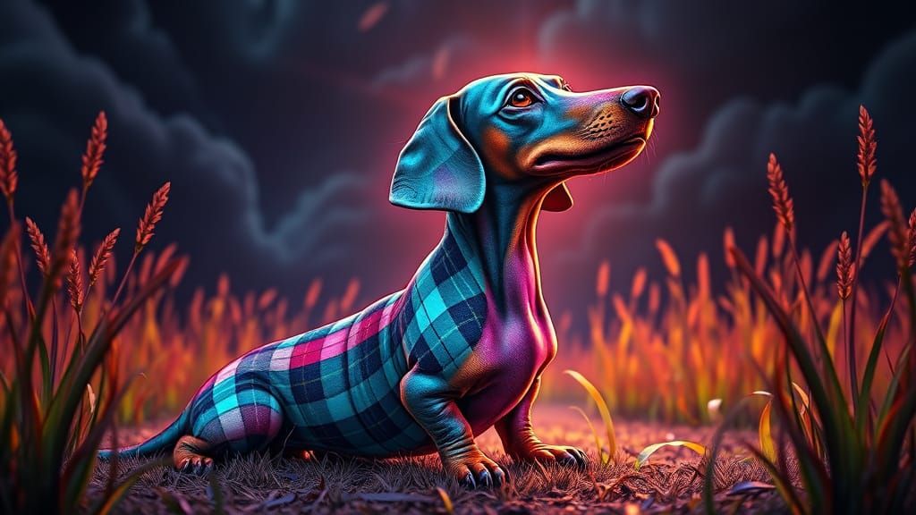 Serpentine Dachshund in Surreal Pastel Plaid Landscape