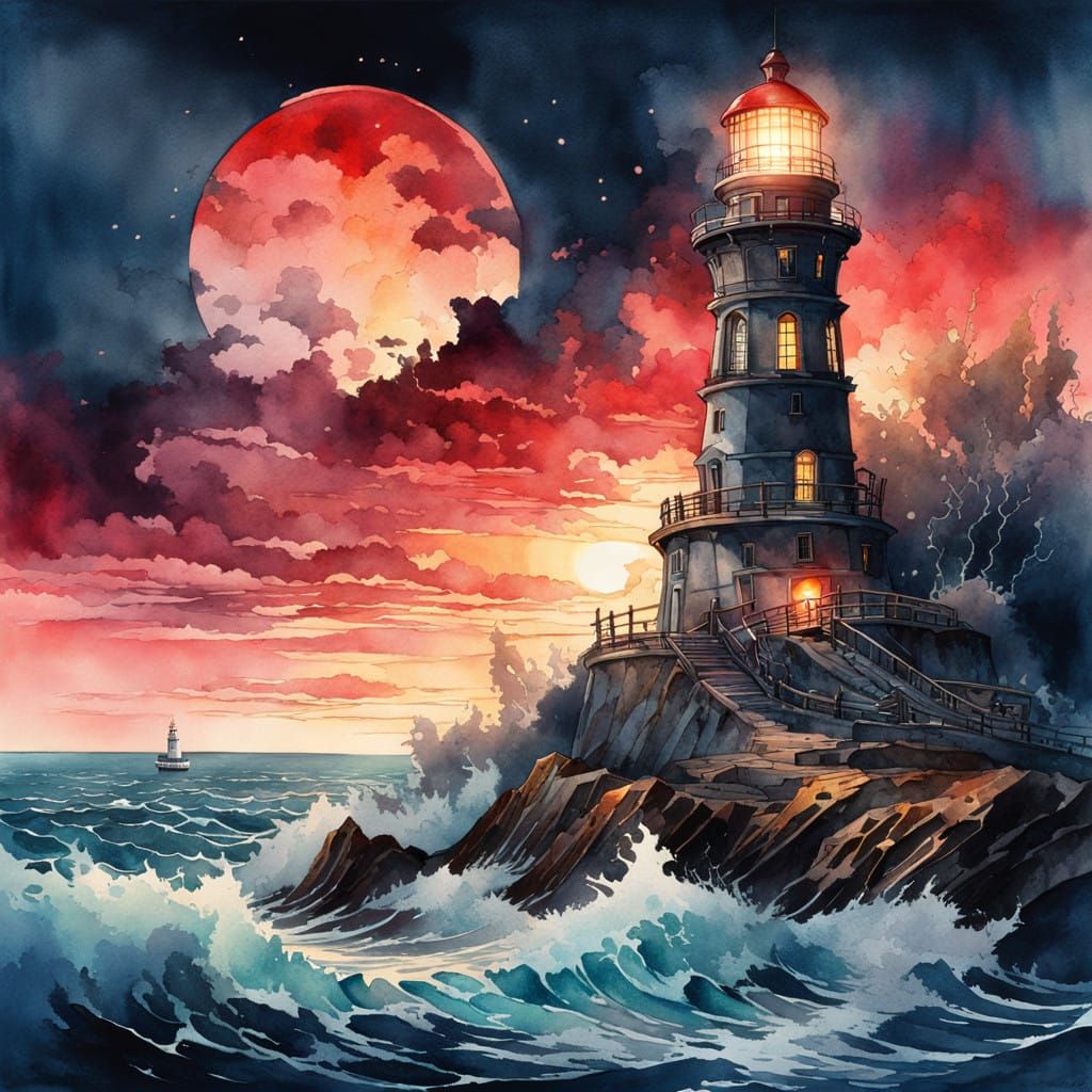 Stylized Watercolor Lighthouse Under Bloodmoon