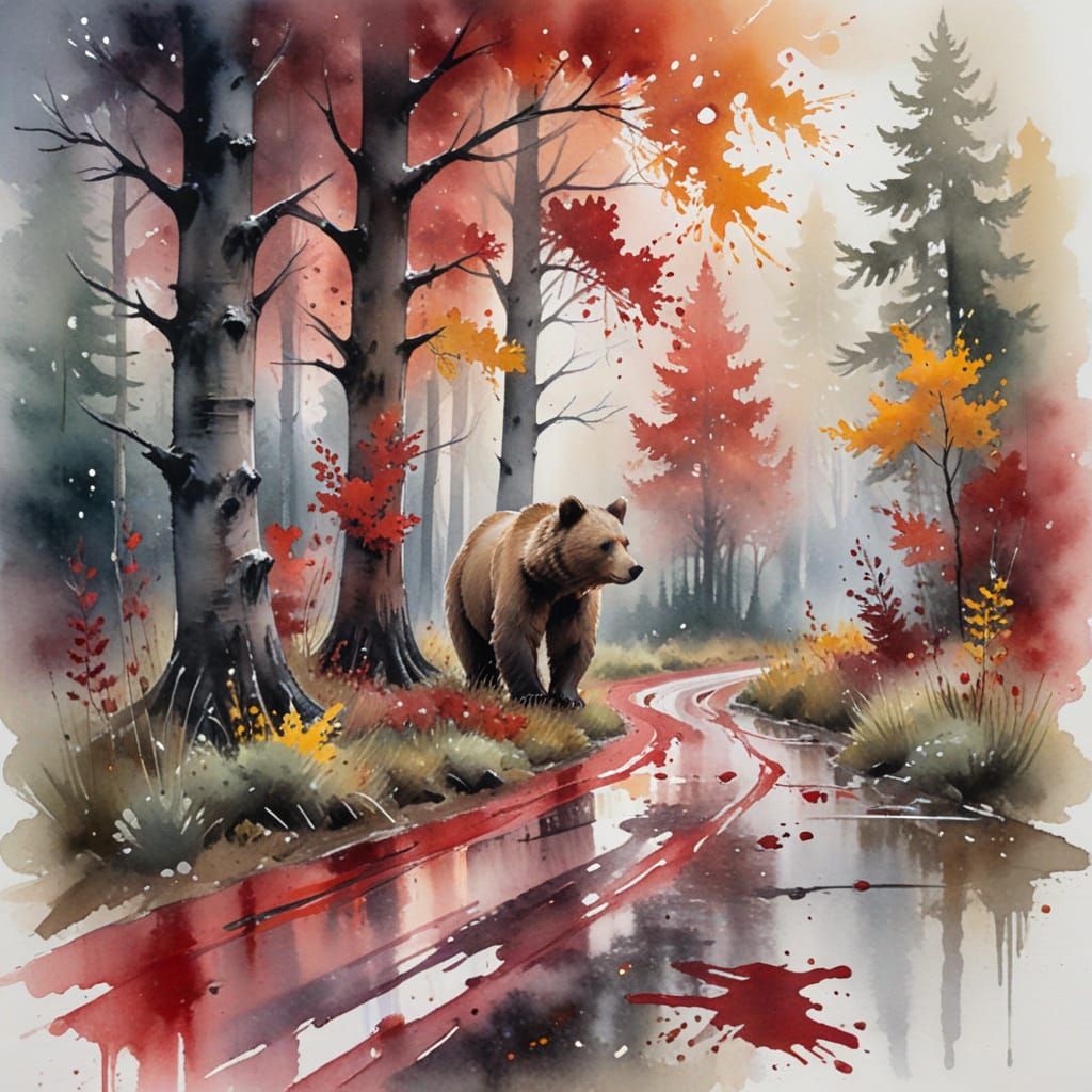 Ethereal Bear in Misty Autumn Grove Watercolor