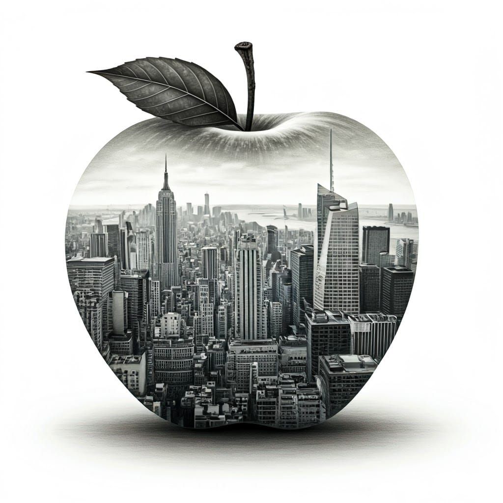 Apple Silhouette with New York Skyline, Charcoal Drawing