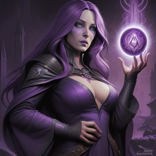 Purple-Haired Half-Drow Sorceress in Comic Book Art