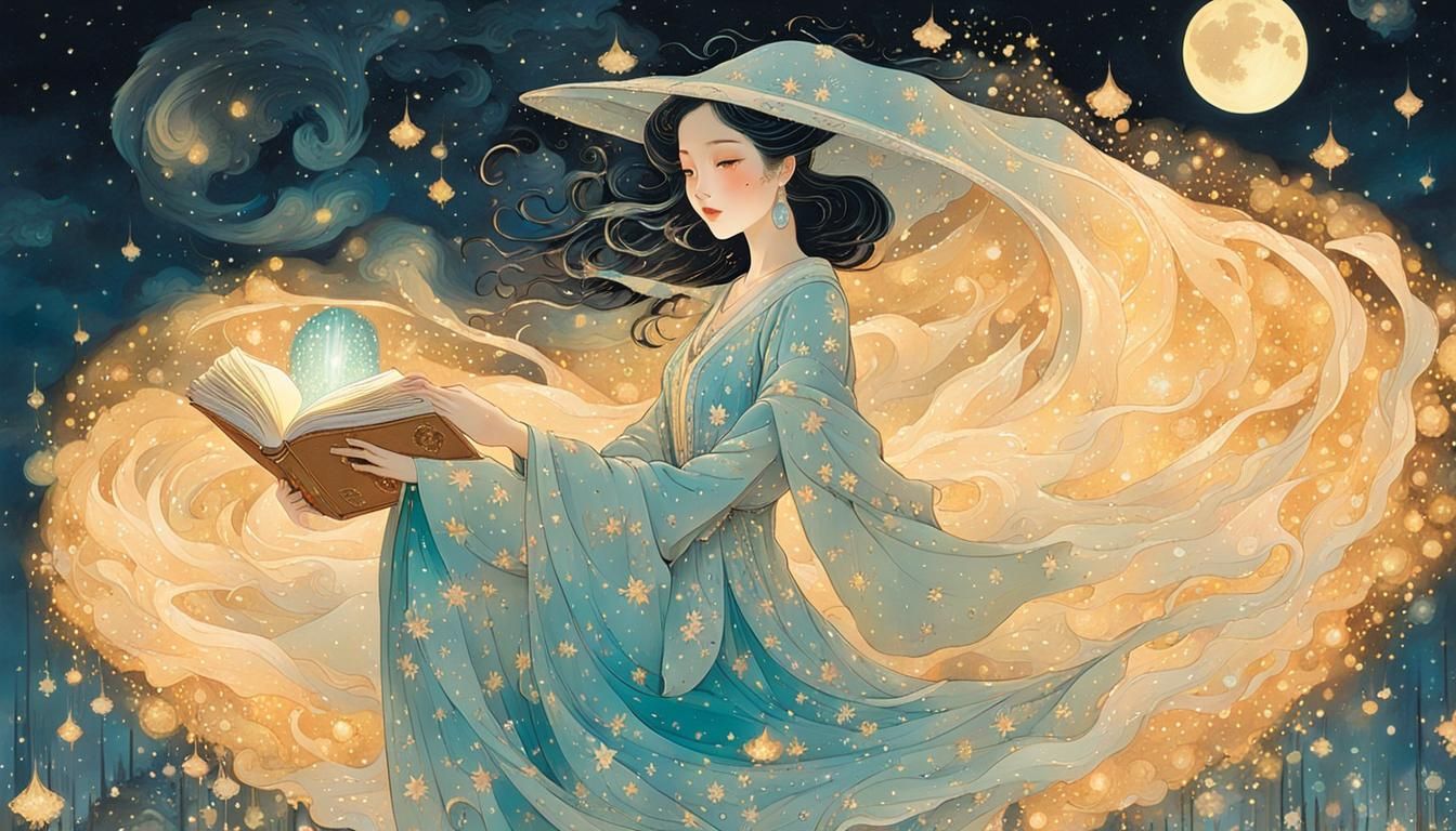 Enchanting Sorceress Casting Comet Spell, Mixed Media Art