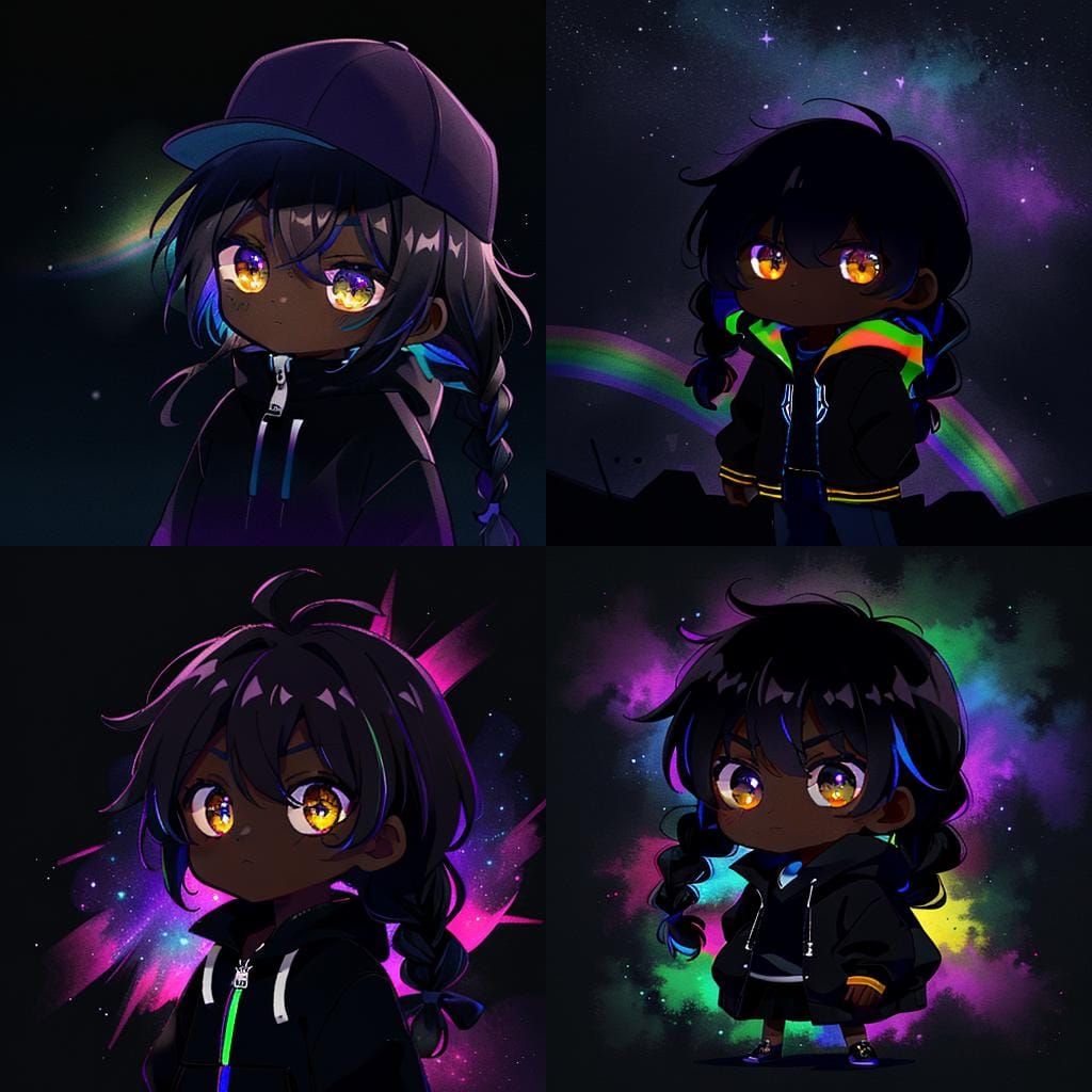 Chibi Child with Dark Hair Against Violet Sky