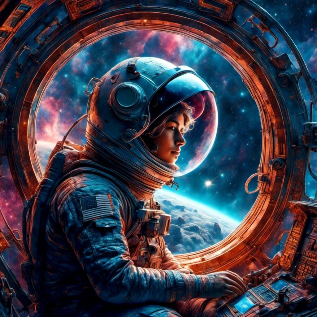 Astronaut and Spaceship in Starry Galaxy Scene