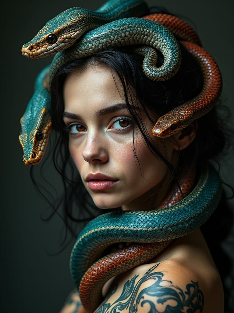 Surreal Portrait of a Woman Surrounded by Vibrant Serpents