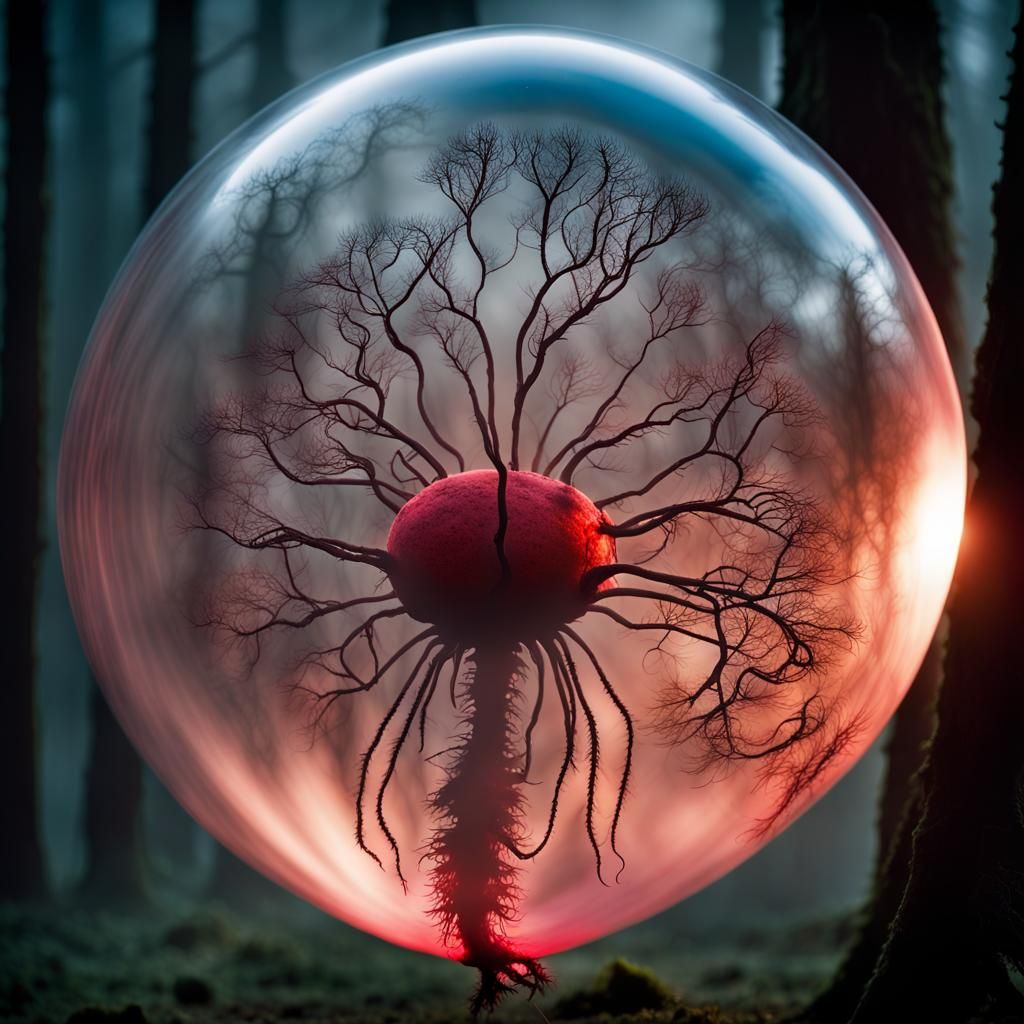 Crimson Ferrofluid Insect Spores in Barren Forest