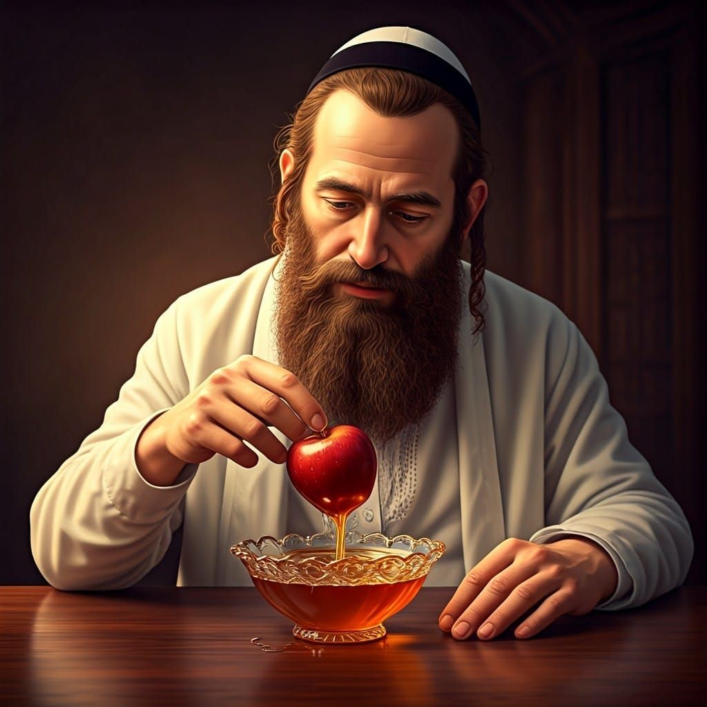 Ultra-Orthodox Jew Dipping Apple in Honey, Digital Art