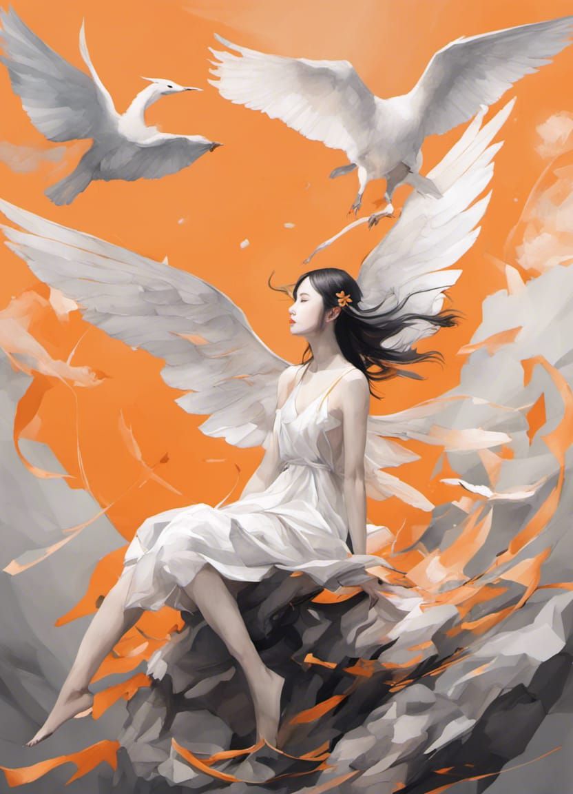 Woman with Origami Qilin in Black and White Ink