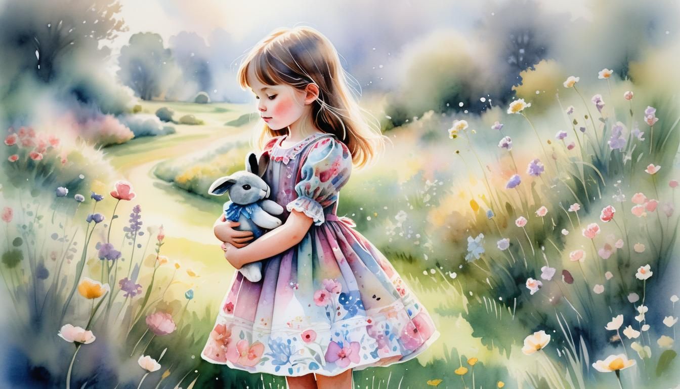 Enchanting Girl with Rabbit in Watercolour Garden