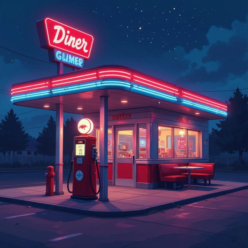 1950s American Diner with Polly Gas Pump at Night