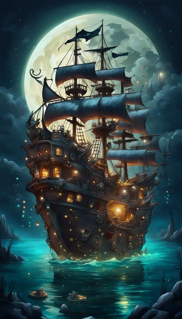 A big horror pirate ship floating upside down under water in...