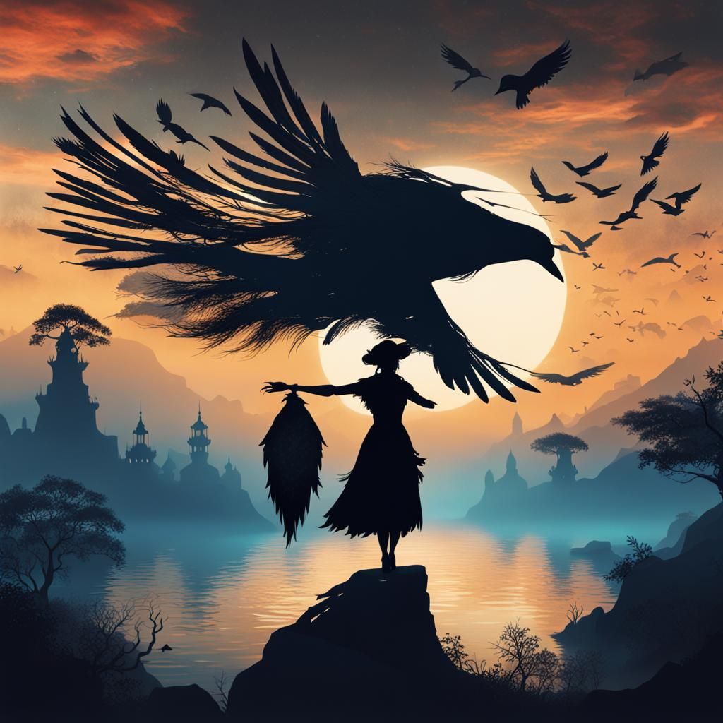 Mysterious Woman and Birds in Folklore Silhouette