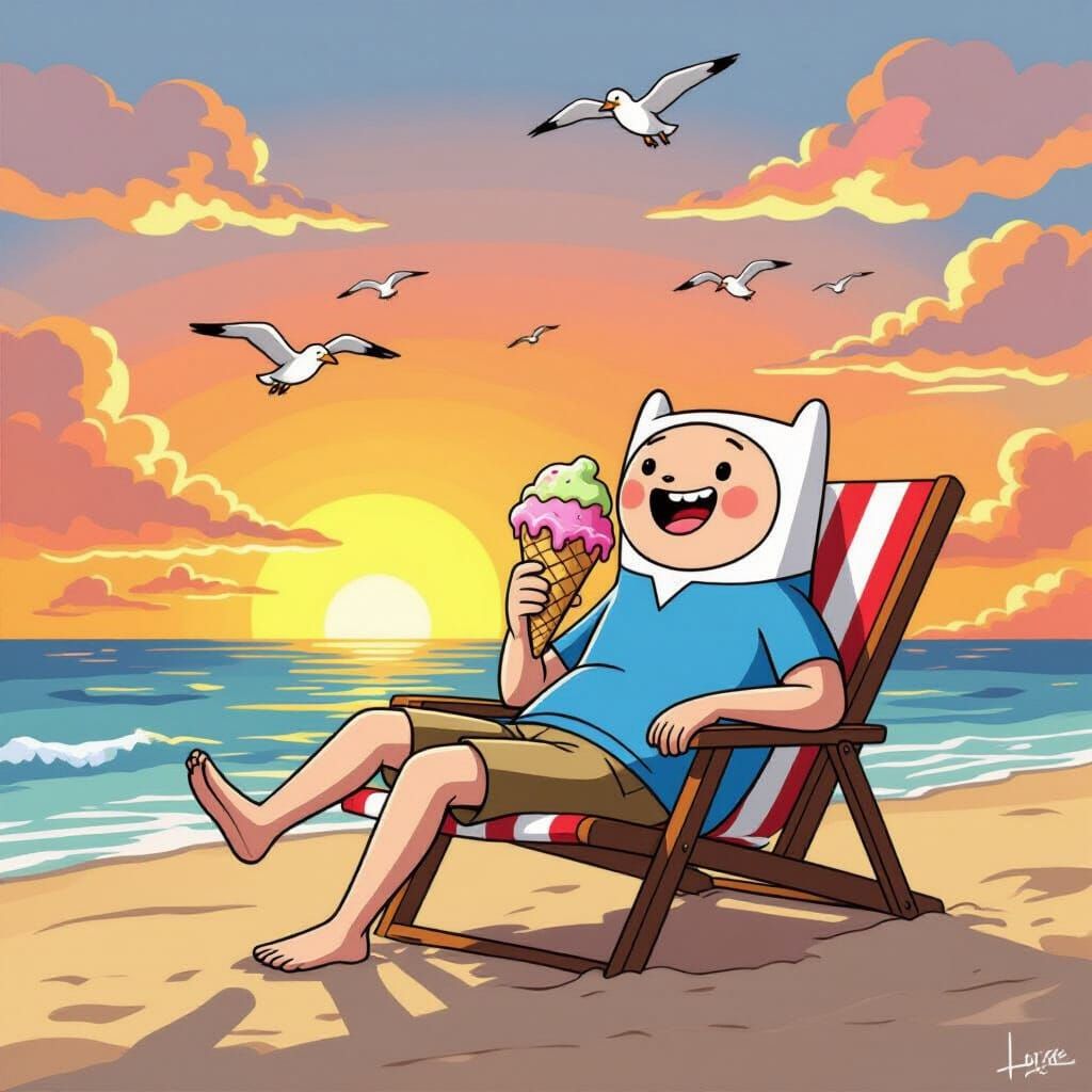 Finn the Human Enjoys Ice Cream on Beach at Sunset