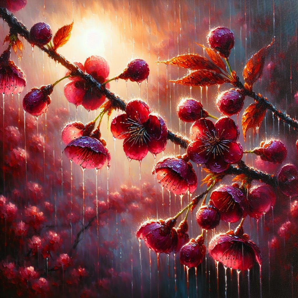 Crimson Cherry Blossom Branch Oil Painting