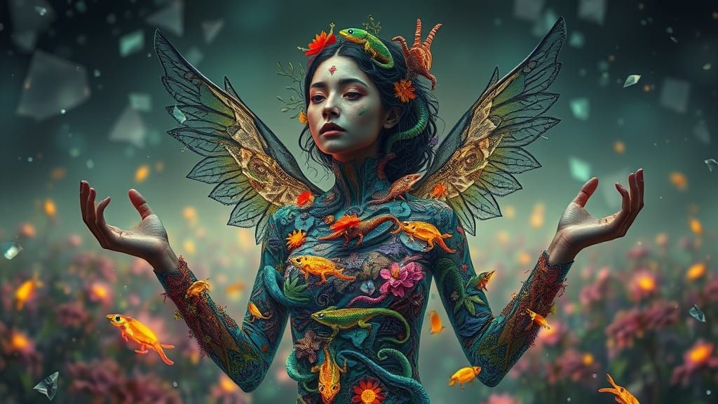 Surrealist Goddess in Shattered Glass Landscape with Glowing...