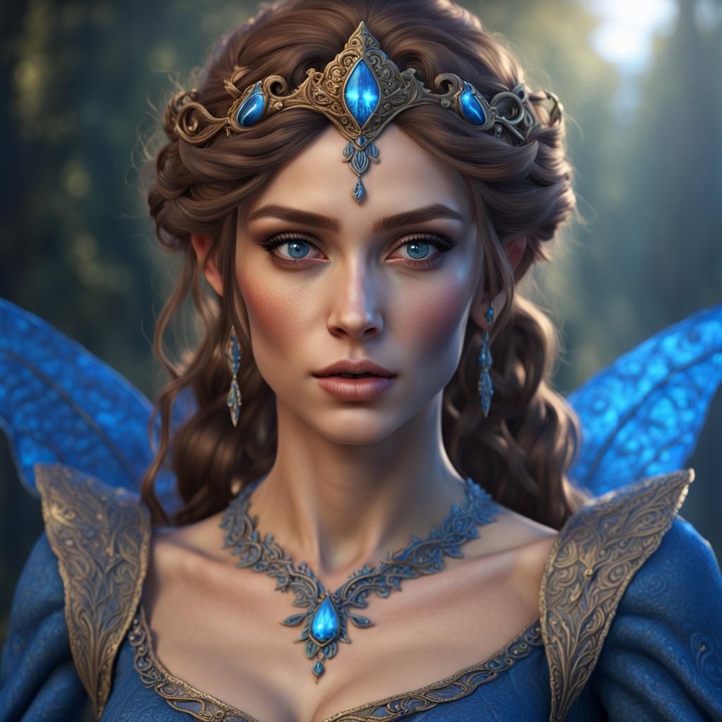 Elf Princess in Blue Renaissance Dress, Detailed Digital Art