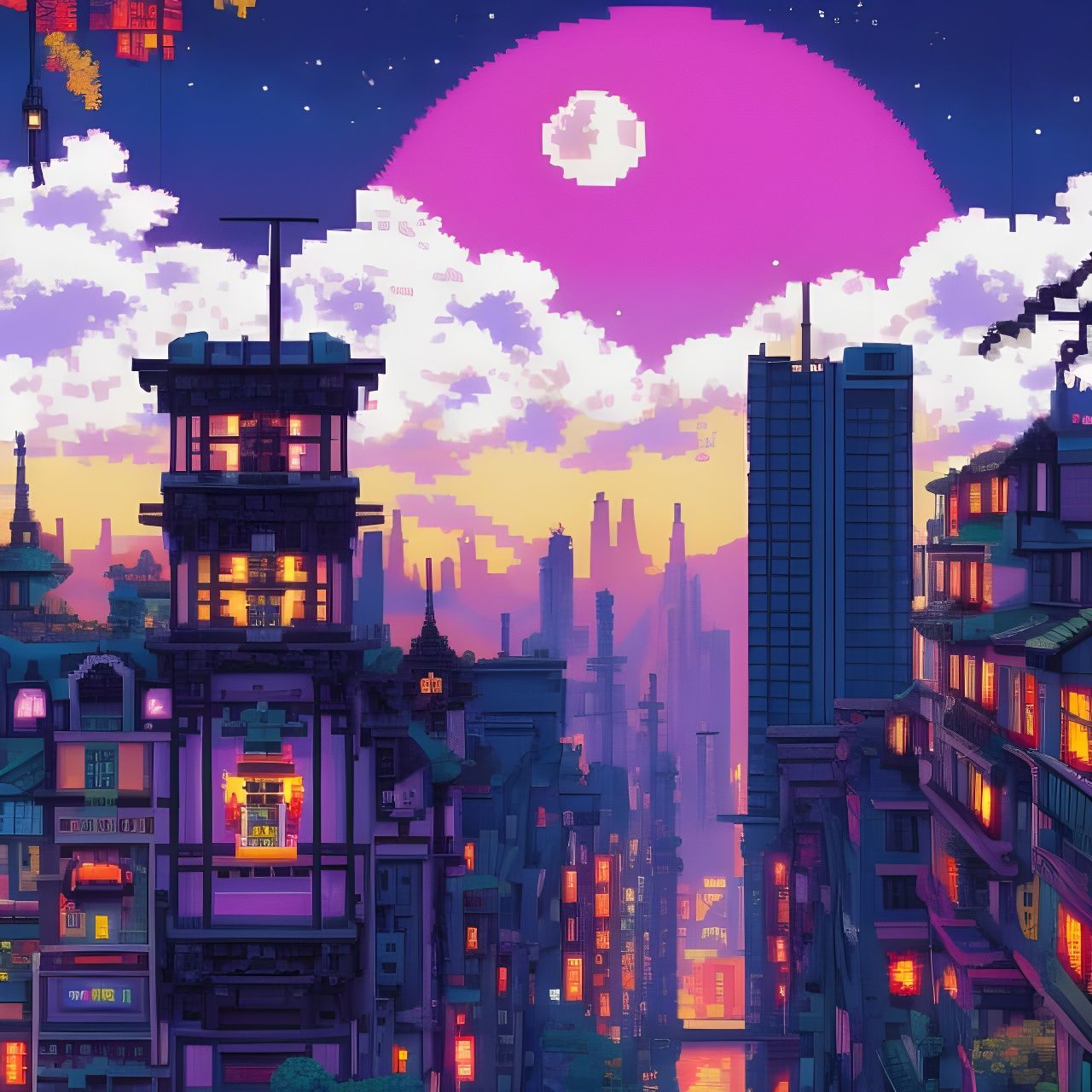 Aesthetic Pixel Art Cityscape in Cyberpunk Style