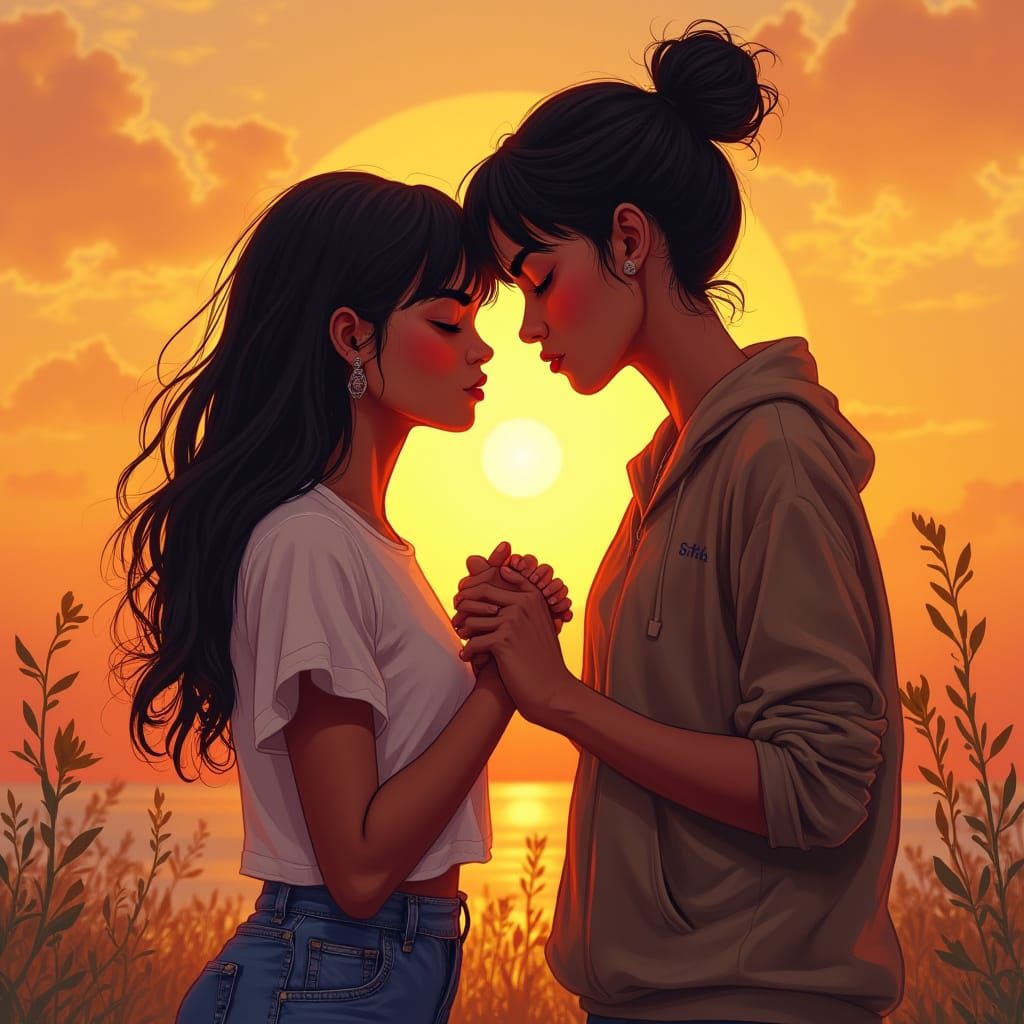 Lesbian Couple Embracing at Sunset, Illustrative Style