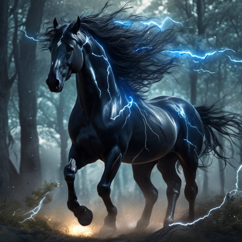 Black Horse in Stormy Astral Forest
