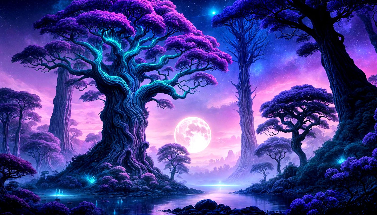 Enchanted Forest: Bioluminescent Flora in Fantasy Landscape