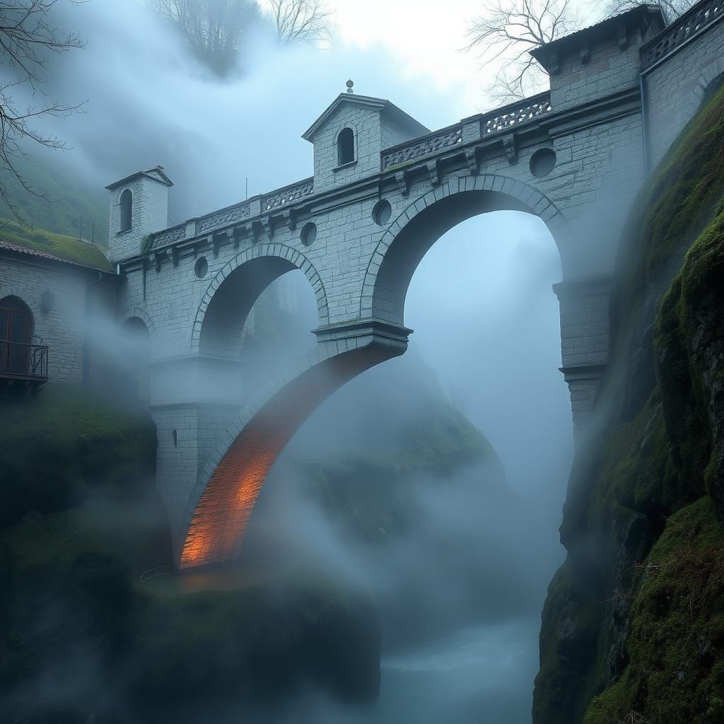 Mystical Stone Bridge in Whimsical, Dreamlike Style