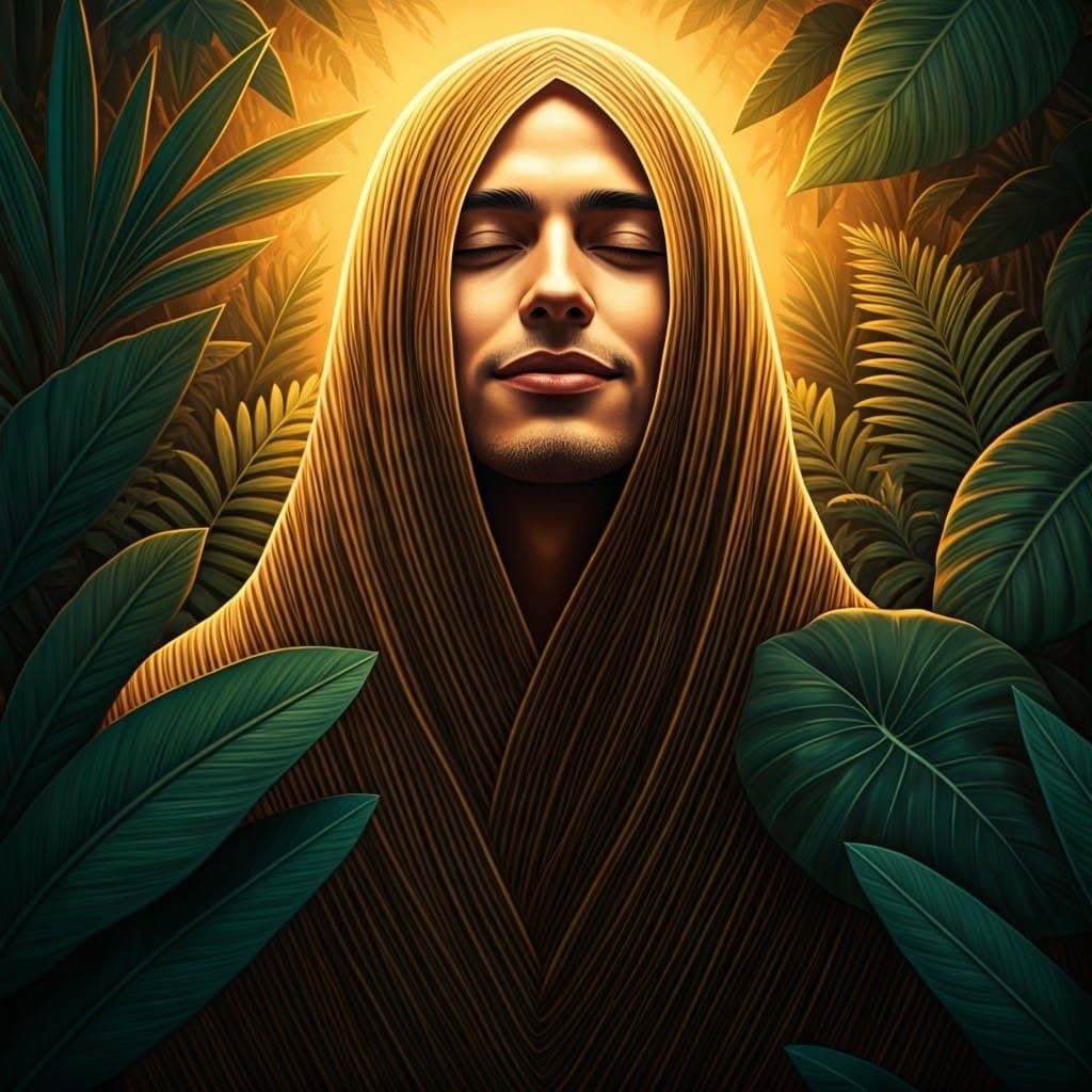Golden Figure in Lush Greenery: Surreal Satisfaction