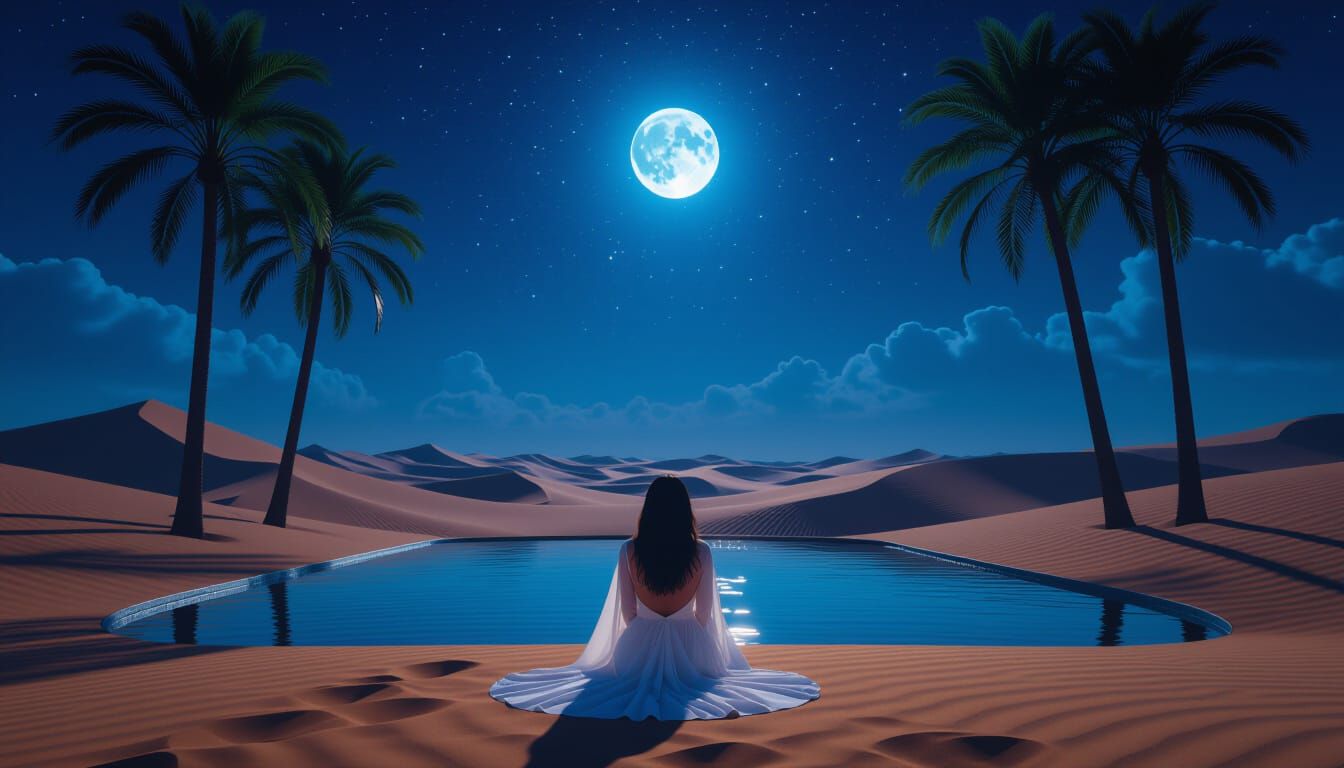 Oasis Serenity Under Moonlit Starry Sky