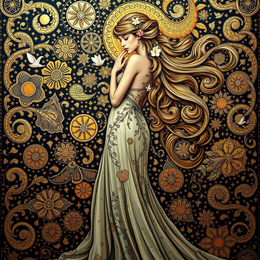 Art Nouveau Woman in Klimt-Inspired Ornate Gown