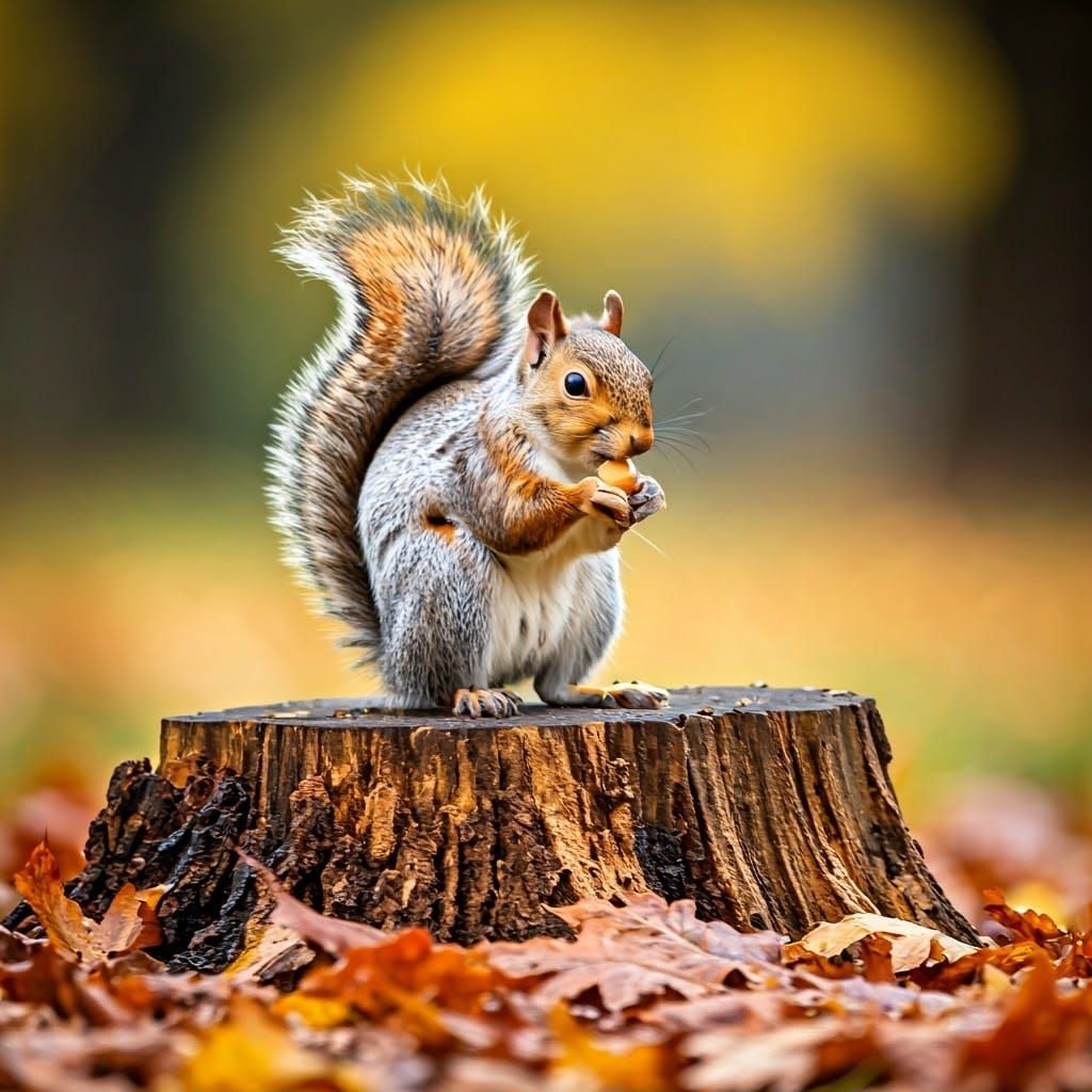 Squirrel with Acorn in Autumn Yard Photograph