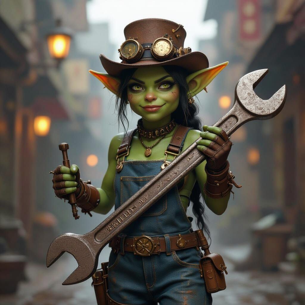 Steampunk Goblin Mechanic with Wrench in Detailed Matte Pain...