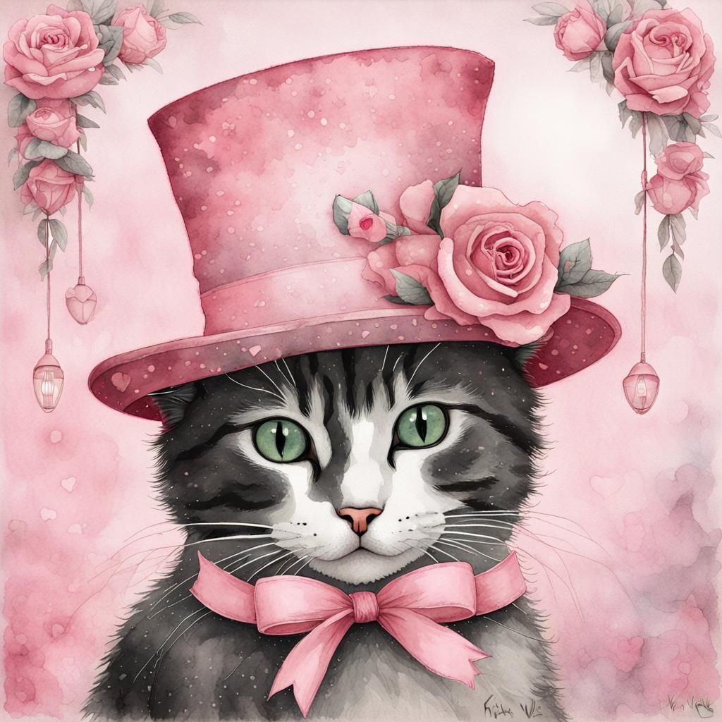 Valentine Cat in Pink Hat, Gouache Watercolor