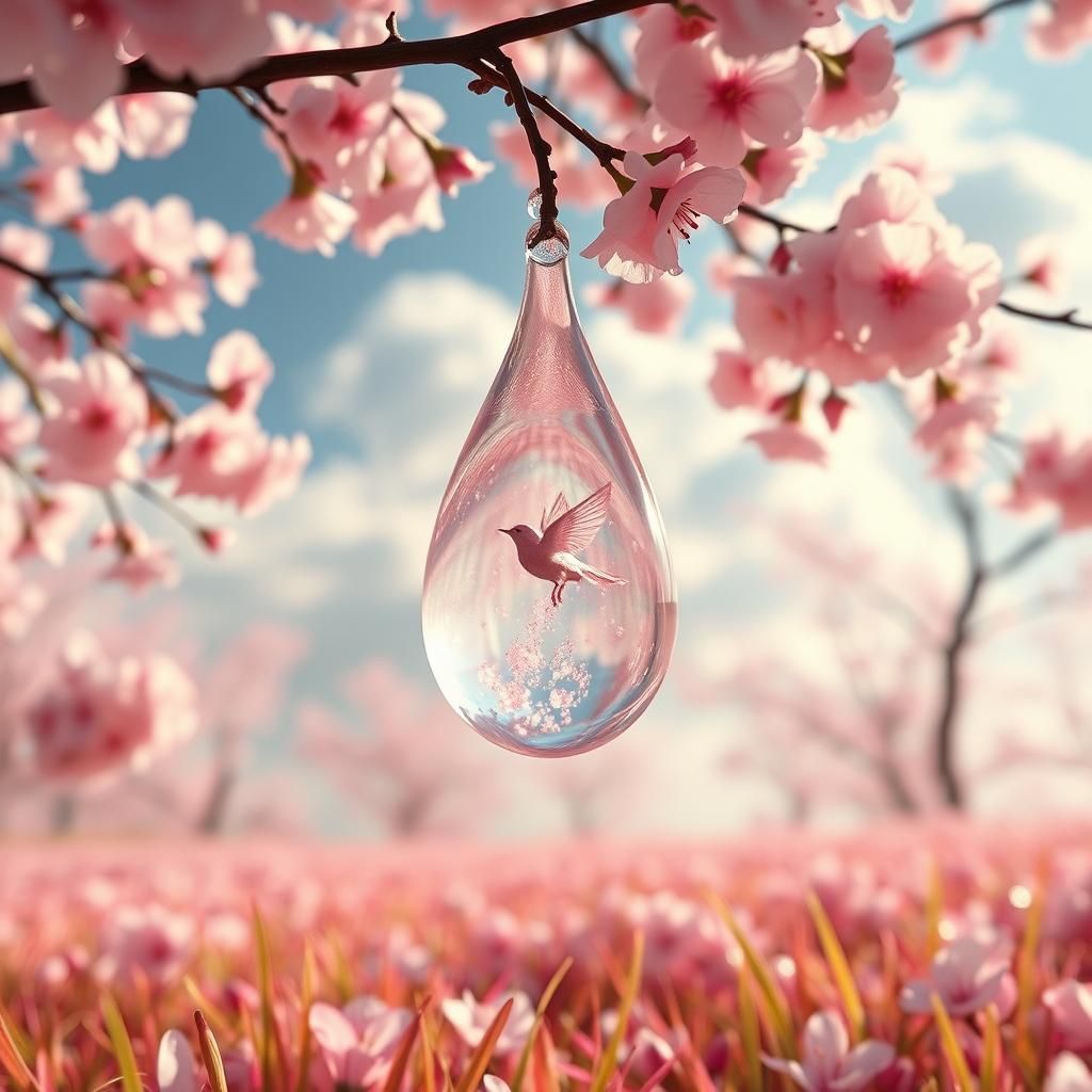 Crystalline Droplet Reflects Cherry Blossoms in Ethereal Lig...