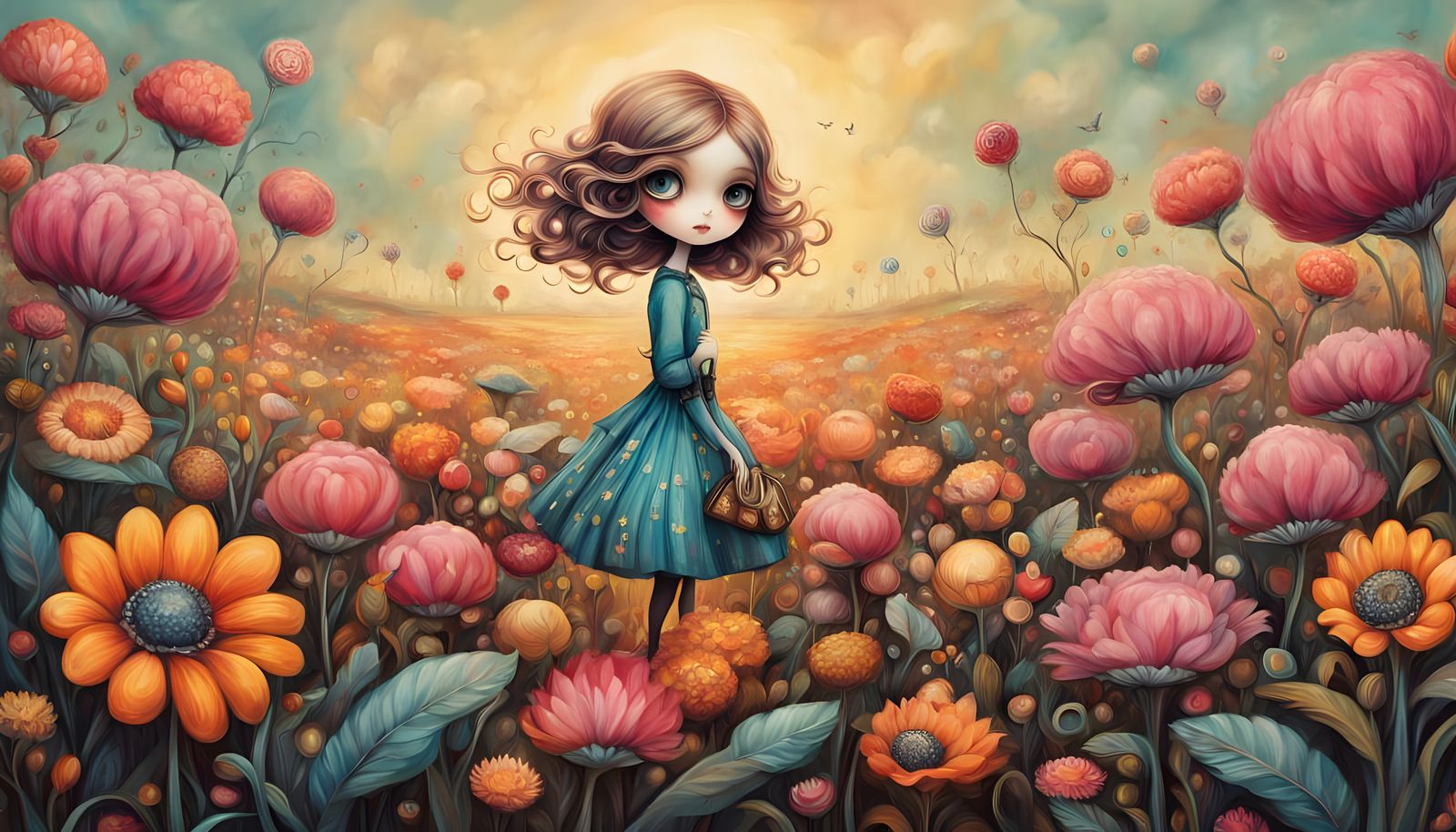 Whimsical Girl in a Field of Oversized Flowers