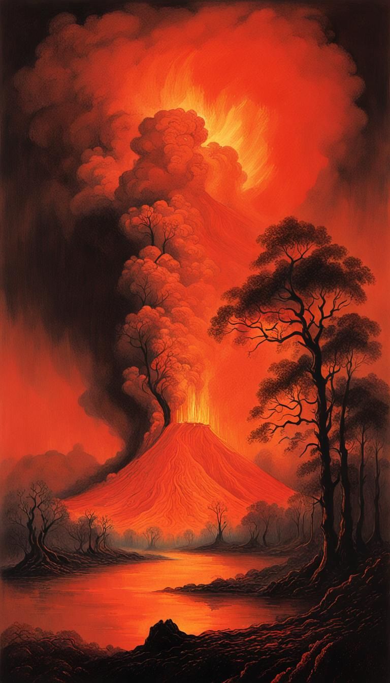 Volcanic Eruption at Night in Surrealist Style