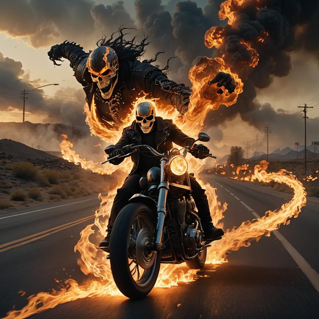 Ghost Rider on Motorcycle in Flames, Fantasy Concept Art