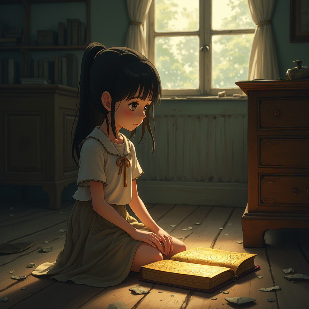 Girl with Ancient Book in Sunlit Room, Anime Style