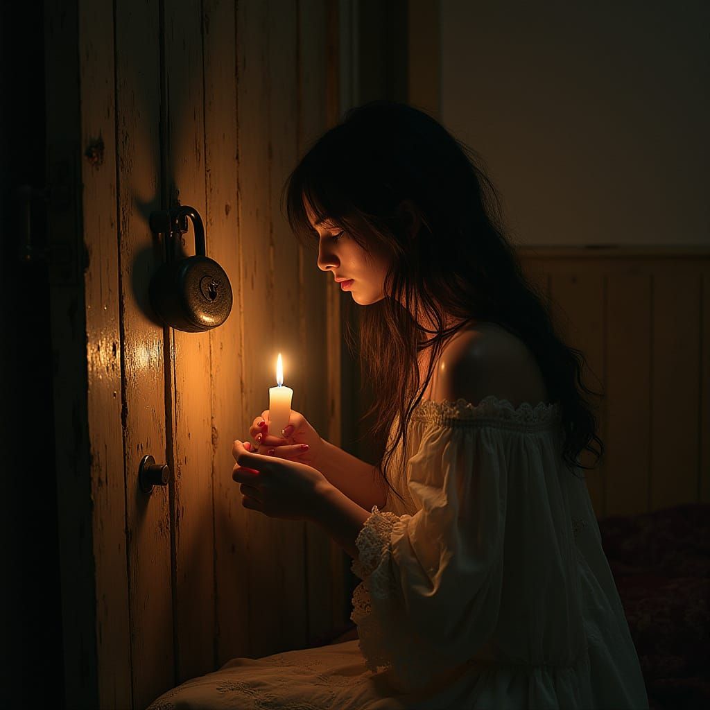 Mystical Woman Lights Candle in Cozy Room