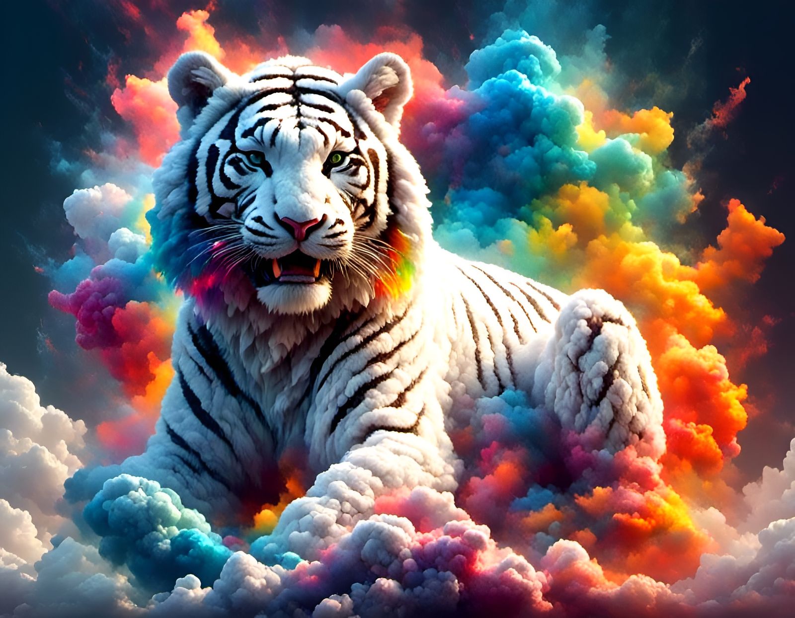Heavenly Tiger Cub Cloudscape in Rainbow Smoke