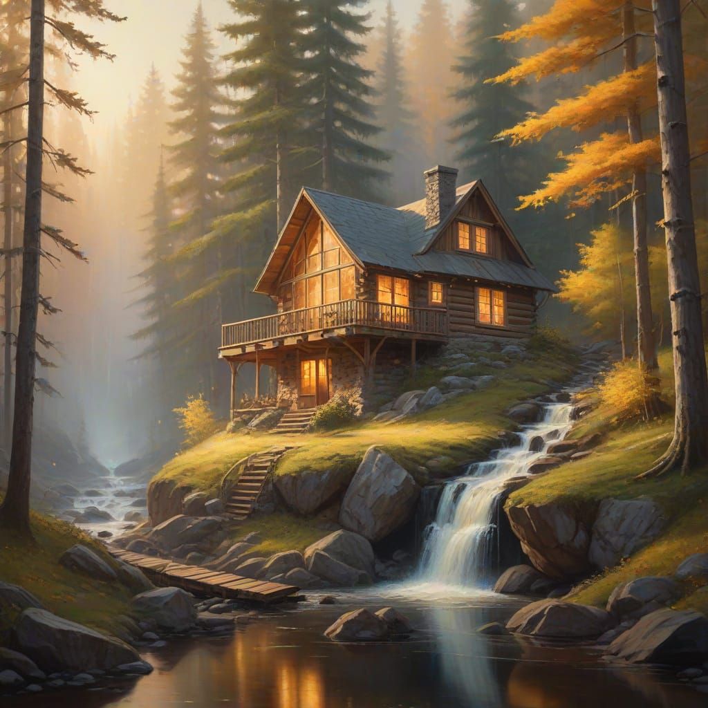 Cozy Golden Hour Cabin Scene in a Misty Woodland