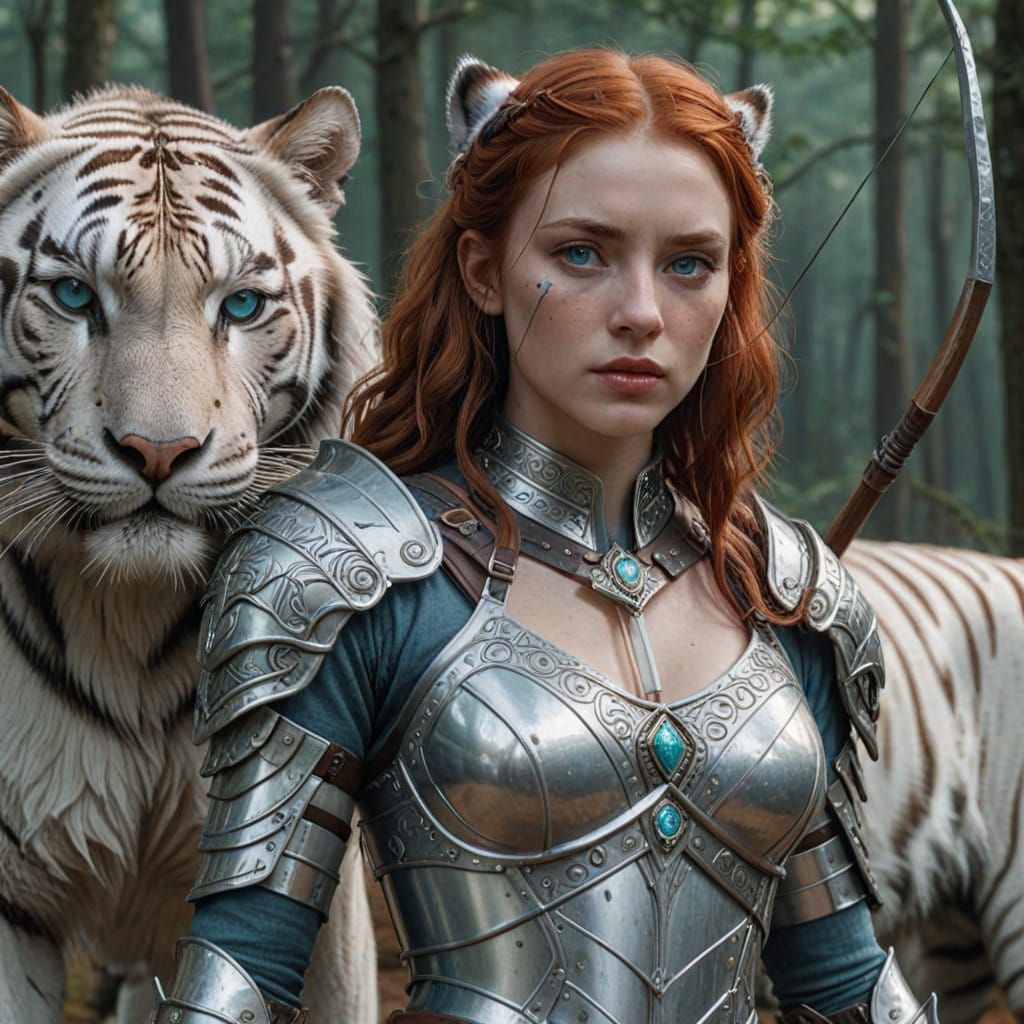 Elegant Warrior Beside Majestic Tiger in Moody Hyperrealisti...