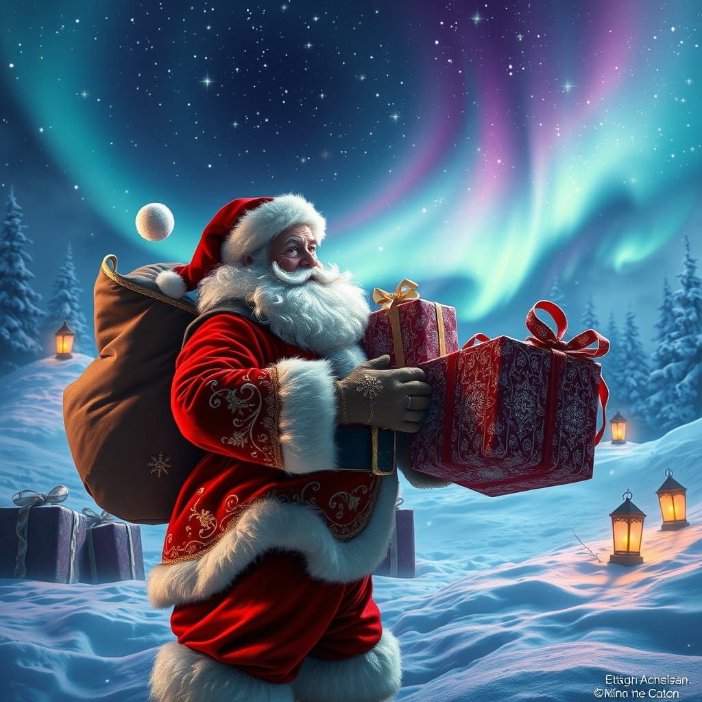 Magical Christmas Night Scene in Whimsical Style