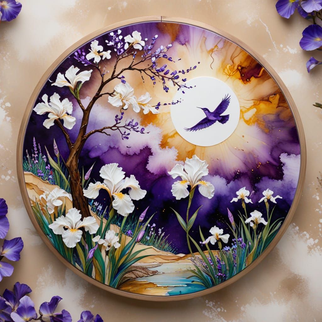 Alcohol Ink Art of Iris Flowers and Purple Bird