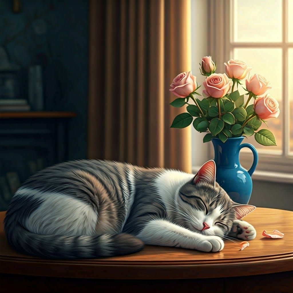 Whimsical Sunrise Scene with Hyperrealistic Cat and Roses